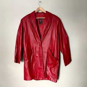 G-III red leather jacket long coat 90s vintage trench sz L EUC